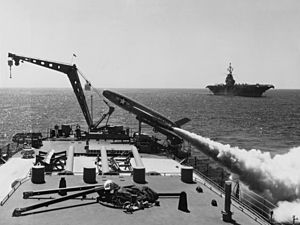 USS Los Angeles (CA-135) firing a Regulus I missile on 7 August 1957 (NH 97391)