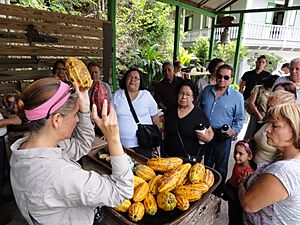 Una guía demuestra durante su recorrido turístico en Museo Hacienda Buena Vista, Bo. Magueyes, Ponce, PR (DSC03588)