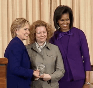 Veronika Marchenko (Russia) with Secretary of State Hillary Rodham Clinton and First Lady Michelle Obama