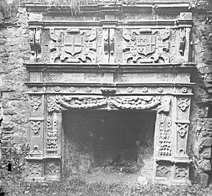 "Carved, stone mantelpiece with crests over the hearth in an unidentified location" = Donegal Castle!
