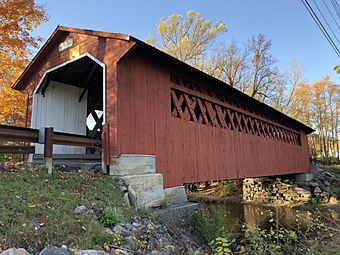 2020-10-17 16 50 02 View of the east side of the Silk Road Covered Bridge from the south bank of the Walloomsac River in Bennington, Bennington County, Vermont.jpg