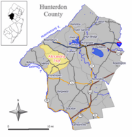 Map of Alexandria Township in Hunterdon County. Inset: Location of Hunterdon County in the State of New Jersey.