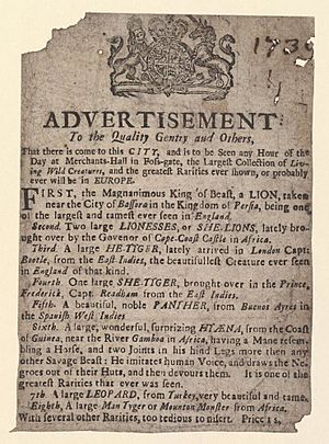 Bodleian Libraries, Handbill of Merchant's Hall, 1739, announcing A lion, lionesses, tigers, etc.