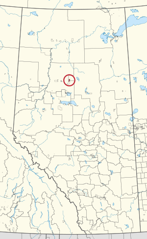 A map of the province of Alberta showing 80 counties and 145 small Indian reserves. One is highlighted with a red circle.