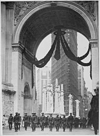 Colonel Donovan and staff of 165th Infantry, passing under the Victory Arch, New York City., 1919 - NARA - 533479
