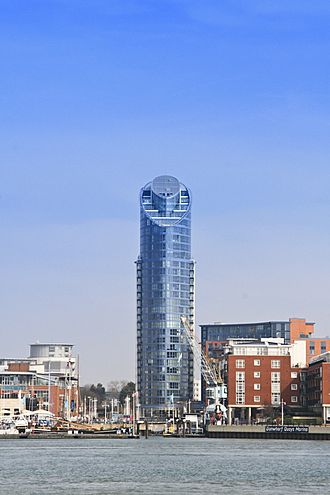 No. 1 Gunwharf Quays, Portsmouth, UK, colloquially known as The Lipstick, East Side Plaza Tower, or Gunwharf Tower Building seen from Haslar