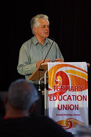 Headshot of Moana Jackson at TEU lectern