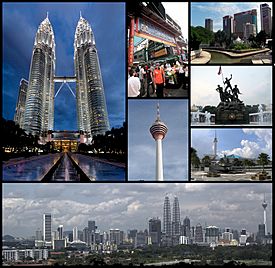 Clockwise from top left: Petronas Towers, Petaling Street, Jamek Mosque and Gombak/Klang River confluence, National Monument, National Mosque, skyline of Kuala Lumpur. Centre: Kuala Lumpur Tower