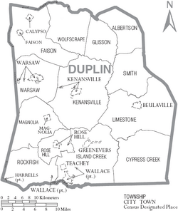 Map of Duplin County North Carolina With Municipal and Township Labels