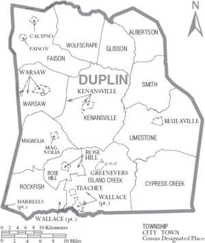 Map of Duplin County North Carolina With Municipal and Township Labels