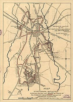 Map of Gettysburg battlefield showing routes that must be taken by all wheeled conveyances during the anniversary celebration, from June 28 to June 30, July 1 to 5, 1913.jpg