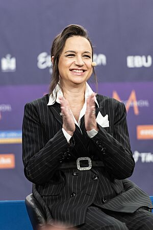 Petra Mede Eurovision Song Contest 2024 Final Malmö press conference presenters 05.jpg