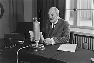 President Pehr Evind Svinhufvud giving a radio speech in honour of the 10th anniversary of the Finnish Broadcasting Company, 1936