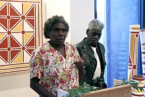 Ruth Nalmakarra and Joe Dhamanydji at the opening of Goyurr Manda Dja’nkawu and the Morning Star at Mossenson Galleries, Melbourne, January 2007