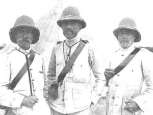 Spanish soldiers wearing 'Rayadillo' uniforms and pith helmets
