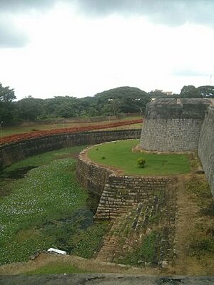 The series of steps leading into the moat between two bastions