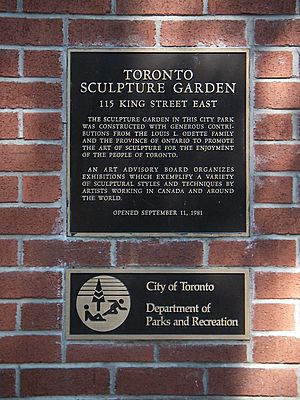 Toronto Sculpture Garden sign on brick wall