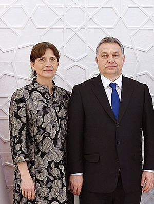 Viktor Orbán with Anikó Lévai in 2016 (cropped)