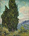  A painting of two large cypress trees, under a late afternoon sky, with a crescent moon