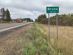 Bruno, Minnesota sign on MN 23