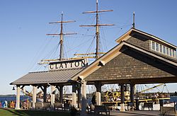 The Clayton harbor in Frink Park (with the Picton Castle tall ship in the background).