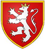 A red shield with a white lion rampant, cadet gold border