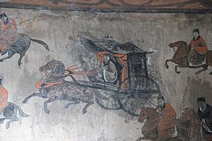 Dahuting Tomb mural, cavalry and chariots, Eastern Han