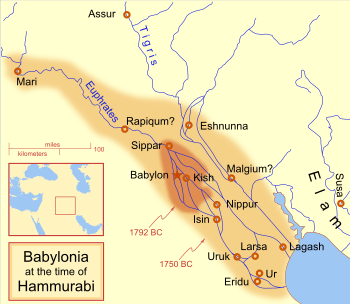 The extent of the Babylonian Empire at the start and end of Hammurabi's reign, located in what today is modern day Kuwait and Iraq