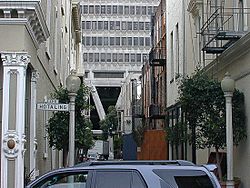 Hotaling Place at Jackson St., San Francisco--the historic warehouse that gives the alley its name is hinted at left, and the Transamerica Pyramid appears in the background