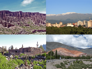 Clockwise from top: Quebrada de Humahuaca, San Salvador de Jujuy, Pucará de Tilcara, and the Hill of Seven Colors