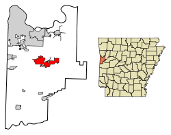Location of Greenwood in Sebastian County, Arkansas, USA.