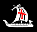 A white Viking ship on a black background. The sail includes black stripes and a red cross.
