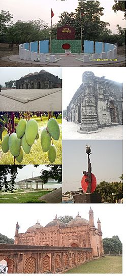 Chapainawabganj Landmarks (Clockwise from top): Gono kabar (mass grave), Sona Mosque (side view), Liberation War Statue, Tohakhana Mosque, Captain Jahangir bridge, mangoes, Sona Mosque