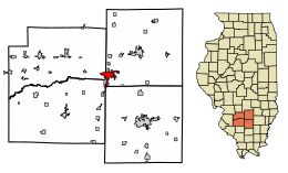 Location of Centralia in (clockwise) Clinton, Marion, Jefferson, and Washington Counties, Illinois.