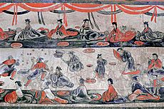 Dahuting tomb banquet scene with jugglers, Eastern Han Dynasty, mural