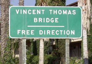 Eastbound entrance to Vincent Thomas Bridge fron N. Harbor Blvd. in San Pedro, CA