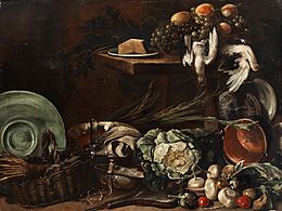Giuseppe Recco - Grande natura morta cucina con verdure, piatto, cestino, pollame morto e l'uva