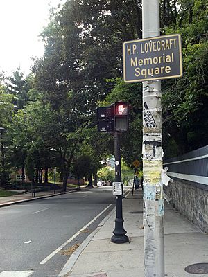 HP Lovecraft Memorial Square intersection of Angell St and Prospect St in Providence.2013-07-27