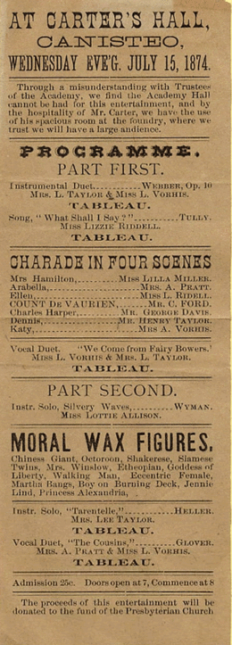 Handbill for an "entertainment" in Canisteo, New York, 1874