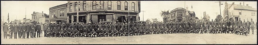 Panorama of Calumet County, Wisconsin soldiers gathered in uptown Chilton, Wisconsin after World War I