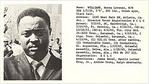 Hosea Williams; from entry in 'Individuals involved in civil disturbances, vol. 2, distributed by the Alabama Department of Public Safety during the 1960s civil rights era (image plus text)