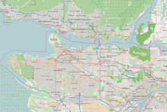 Map of Vancouver, with the DTES marked at the intersection of Main and Hastings