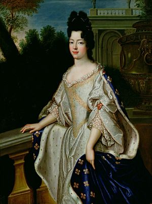 Marie Adélaïde of Savoy as depicted circa 1697 (wearing Fleur-de-lis as Duchess of Burgundy) by a member of the École Française.jpg