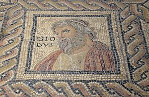 Monnus Mosaic, detail of Hesiod (ESIO-DVS) from a Roman Domus in Augusta Treverorum (Trier), end of the 3rd century AD, Rheinisches Landesmuseum Trier, Germany (30038562895)