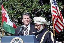 President Ronald Reagan during the arrival Ceremony for Sultan Qaboos bin Said of the Sultanate of Oman