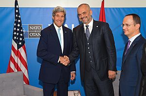 Secretary Kerry Shakes Hands With Albanian Prime Minister Rama Before Bilateral Meeting at NATO Summit in Wales (14961134157)