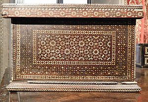 Wooden box inlaid with ivory in floral and zellige-like geometrical motifs Italy 15th century