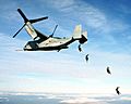 color photo of four parachutists jumping from the open ramp of an MV-22 Osprey in flight