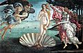 Large rectangular panel.  At the centre, the Goddess Venus, with her thick golden hair curving around her is standing afloat in a large seashell. To the left, two Wind Gods blow her towards the shore where on the right Flora, the spirit of Spring, is about to drape her in a pink robe decorated with flowers. The figures are elongated and serene. The colours are delicate. Gold has been used to highlight the details.