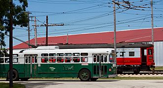 Chicago trolley bus 9553 operating at IRM in 2016